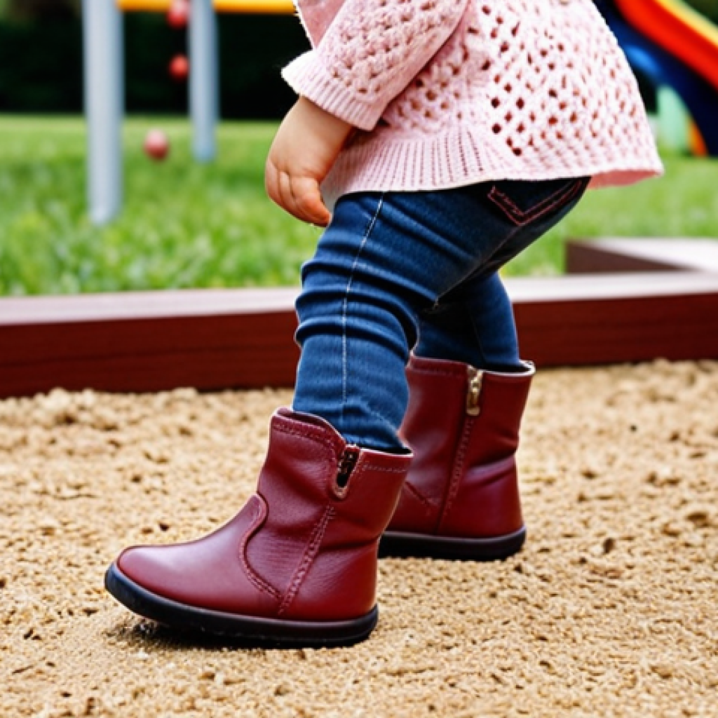 **

A toddler happily playing outdoors, wearing comfortable and stylish short ankle boots made of soft leather. The background should show a park or playground setting. Focus on the flexibility and comfort of the boots.

**