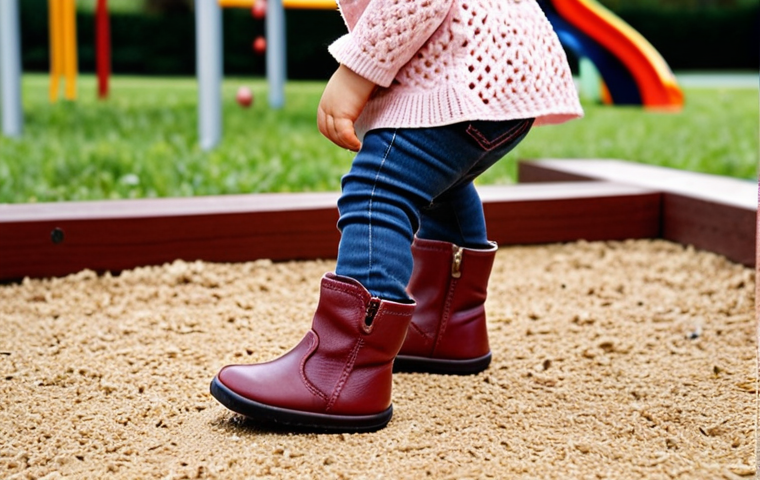 **

A toddler happily playing outdoors, wearing comfortable and stylish short ankle boots made of soft leather. The background should show a park or playground setting. Focus on the flexibility and comfort of the boots.

**