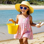 ** A cheerful little girl in a pastel pink MLB Kids sundress and a matching floppy hat, playing on a sunny beach. She's wearing sunglasses and holding a bright yellow bucket filled with seashells. The dress should have a subtle MLB logo pattern.

**
