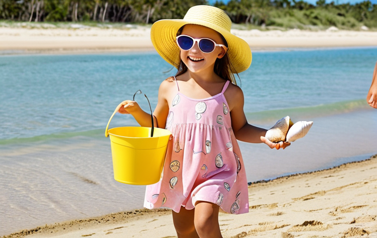 ** A cheerful little girl in a pastel pink MLB Kids sundress and a matching floppy hat, playing on a sunny beach. She's wearing sunglasses and holding a bright yellow bucket filled with seashells. The dress should have a subtle MLB logo pattern.
**