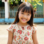 **Vintage Floral Dress for a Little Girl:** A cute Vietnamese girl wearing a vintage-style floral dress from H&M Kids, smiling and standing in a bright, sunny schoolyard in Vietnam. The dress has a delicate floral pattern, and the scene captures a sense of youthful innocence and charm.
