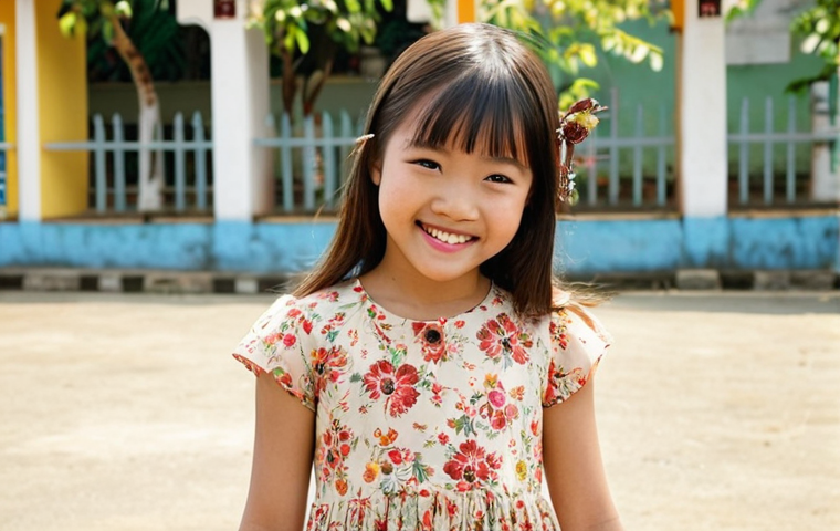 **Vintage Floral Dress for a Little Girl:** A cute Vietnamese girl wearing a vintage-style floral dress from H&M Kids, smiling and standing in a bright, sunny schoolyard in Vietnam. The dress has a delicate floral pattern, and the scene captures a sense of youthful innocence and charm.