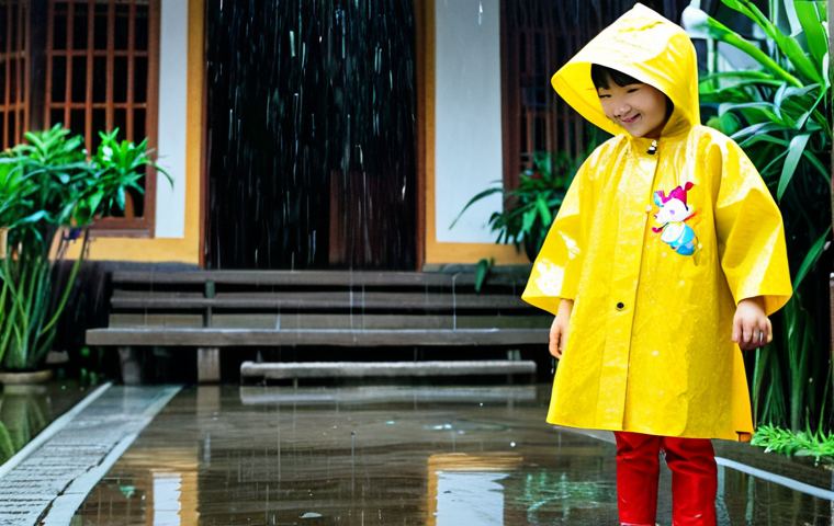 키즈용 레인코트 브랜드 - **
A young Vietnamese girl (age 6-8) wearing a bright yellow poncho-style raincoat with a cute cart...