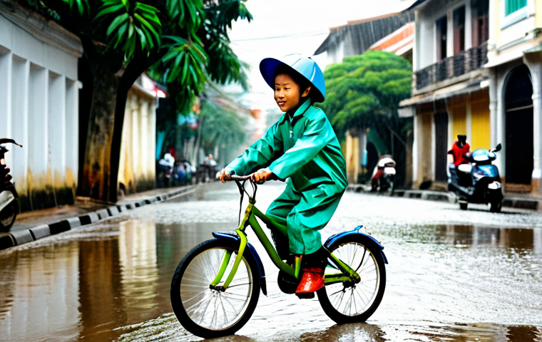 키즈용 레인코트 브랜드 - **

A young Vietnamese girl (age 6-8) wearing a bright yellow poncho-style raincoat with a cute cart...