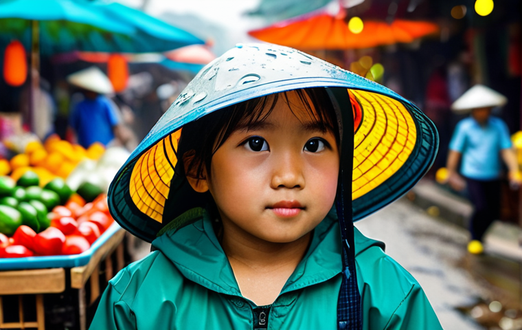 키즈용 레인코트 브랜드 - **

A young Vietnamese boy (age 9-11) wearing a blue and green rain suit (áo mưa bộ) riding a bicycl...