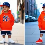 MLB키즈의 인기 스포츠웨어 - **Prompt:** A vibrant and confident young child, approximately 8-10 years old, actively posing on an...