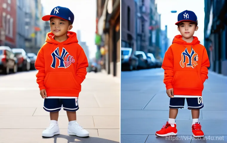 MLB키즈의 인기 스포츠웨어 - **Prompt:** A vibrant and confident young child, approximately 8-10 years old, actively posing on an...